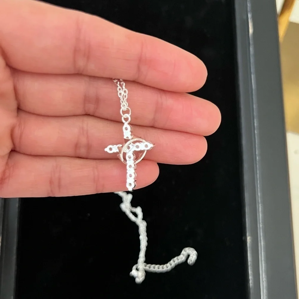 Silver Zircon Cross Pendant Necklace w/ Rotatable Crown 18” Chain Gifts For Her